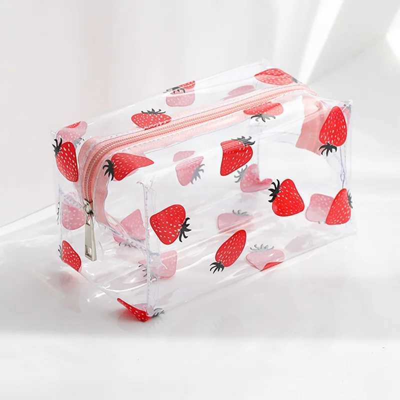 Kawaii Cute Transparent Makeup Bag Large Capacity Portable 2022 New Printed Fruit Heart Pattern Pencil Box Makeup Storage Bag W250109