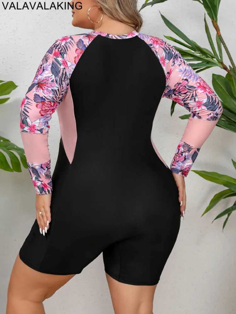2025 Patchwork Plus Size Swimwear Women Long Seve Large One Piece Swimsuit Lady Brazilian Swimwear Curvy Chubby Bathing SuitXJ240108