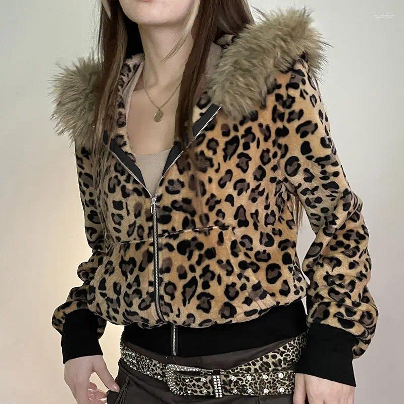 Women's Jackets Y2k Autumn Winter American Style Vintage Women High Street Jacket Hooded Fur Collar LEOPARD Chaquetas Zipper Design Sense