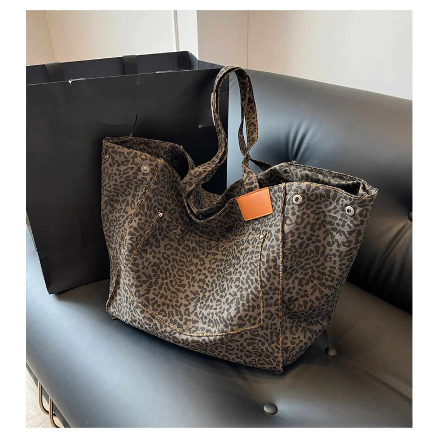 Fashion Large Capacity Handbag Leopard Pattern Tote School Work Shopping Bag Retro Canvas Shoulder Bag 250106