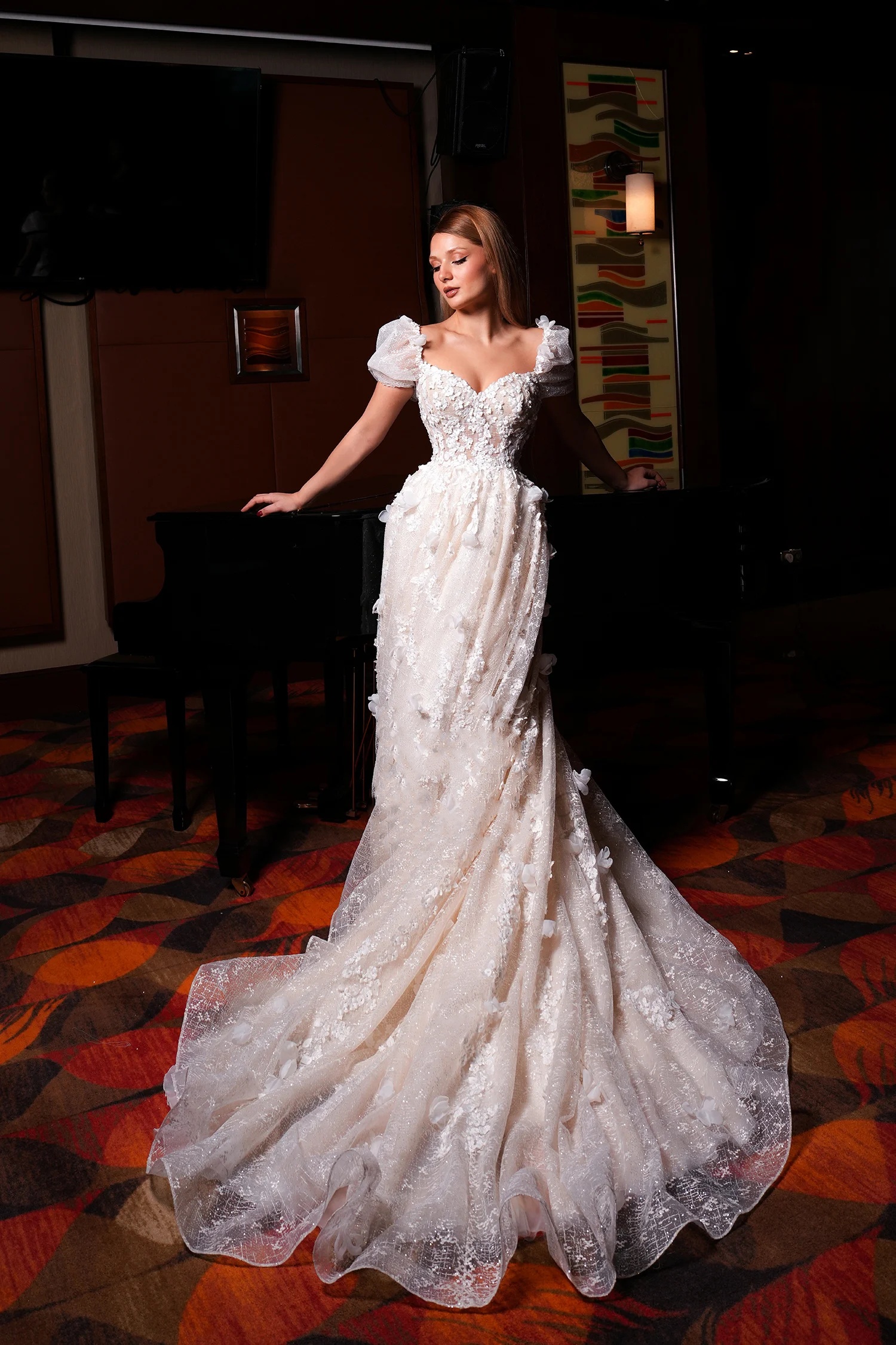 A-e Lace Applique Bridal Gown with Sweetheart Necke & Short Sleeves - Sweep Train, Customized Wedding Dress