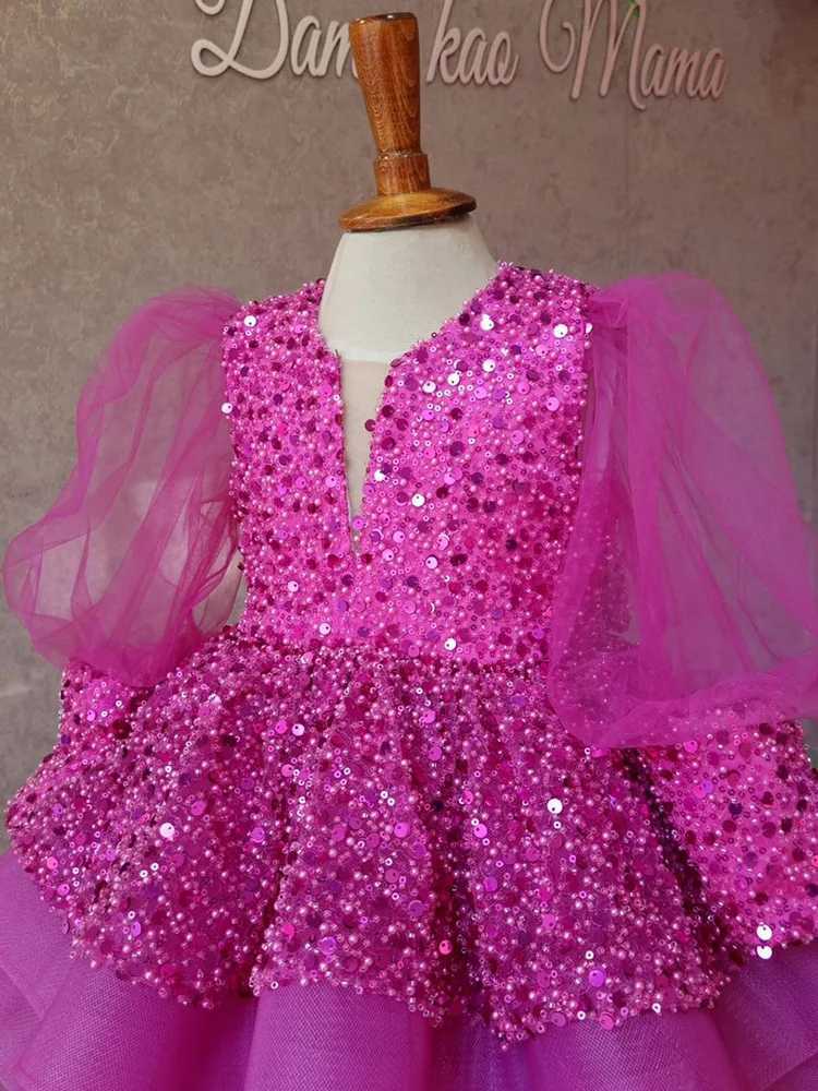 Girl Sequenant Nets Lace Larger Dress Vitamin V -neck Dress dress girl birthday par dress rose red first holy meal dressXJ250108