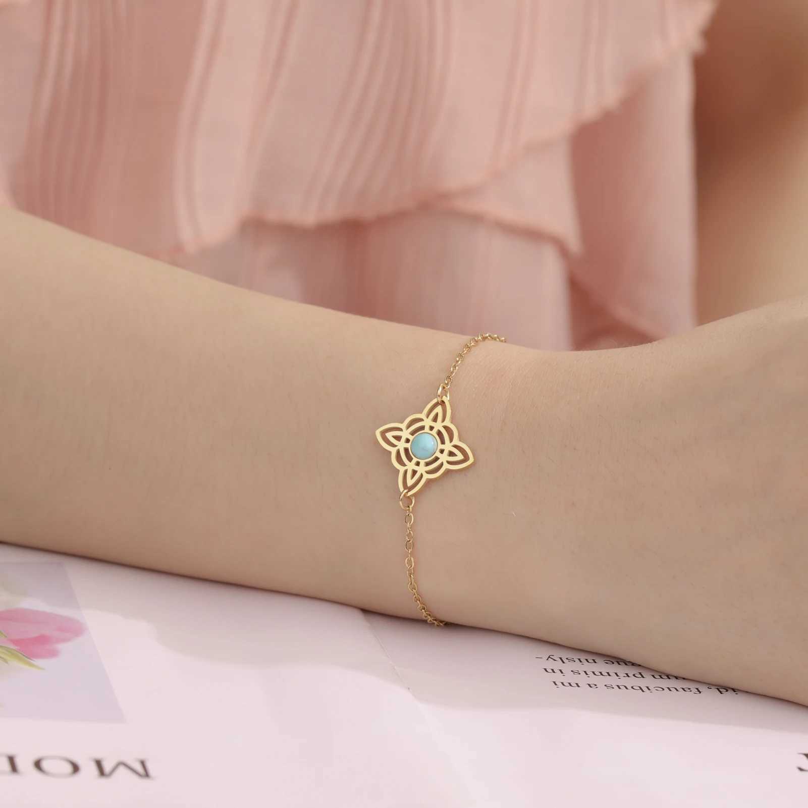 Blue Stone Witch Knot Womens Bracelet Stainl Steel Witch Knot Celtic Knot Double Chain Jewelry Christmas Jewelry GiftXJ250109