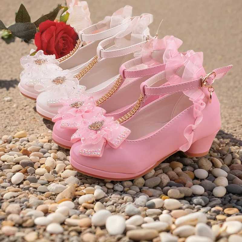 ULKNN Girls Sandals High Heels Pink Belt Buckle Childrens Bow White Shoes Size 26-37 Soft Kids Shoes W250108