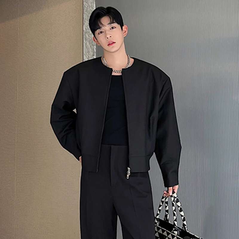 Men Short Jacket Autumn New Niche Design Korean Style Collarless Double Head Zipper Suit Coat Personality Clothing