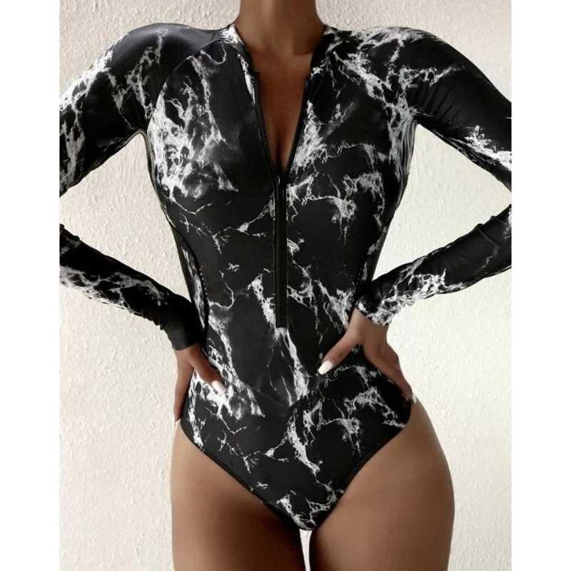 White Solid Color One-Piece Swimsuit Long Seve Swimwear Sports Womens Swimming Bathing Suit Beach Bather Surfing Swim WearXJ240108