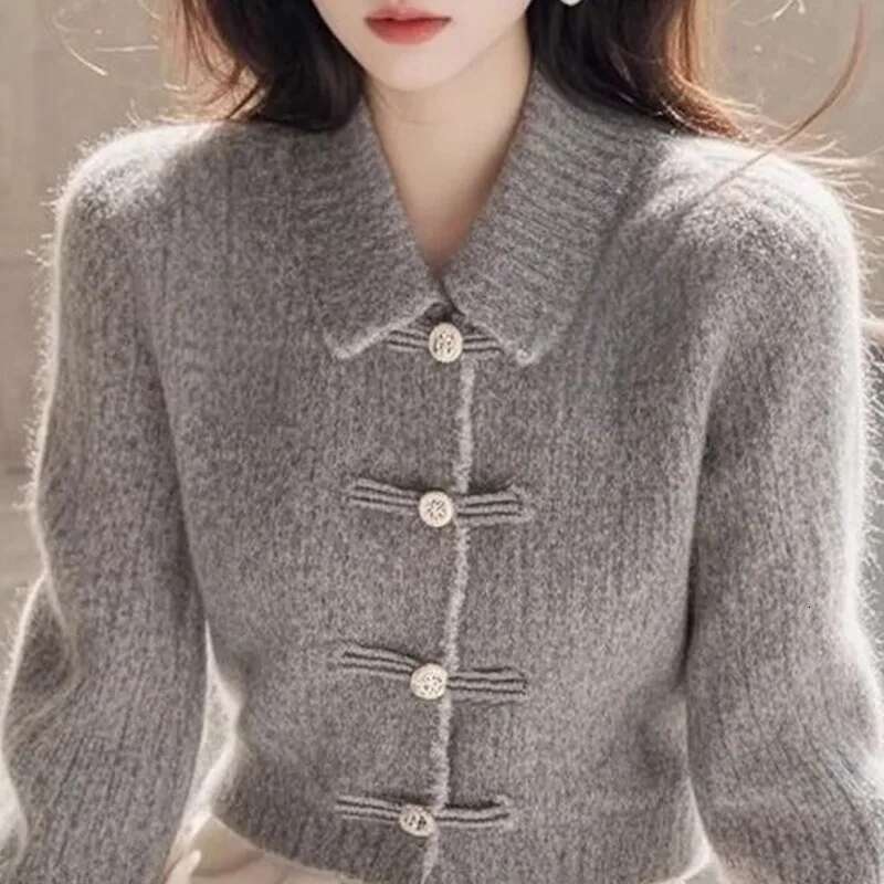 Autumn Winter Button Slim Solid Color Knitting Women Clothing Indie Folk Polo Collar Long Sleeve Chinese Style Sweater Top