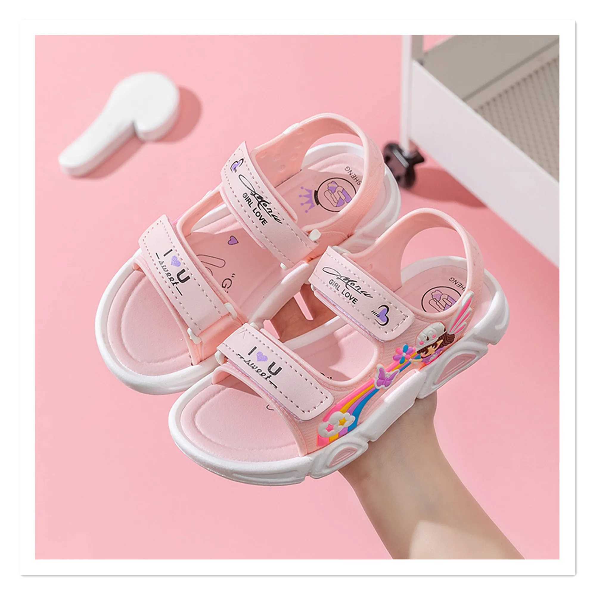 Summer Rainbow Girls Sandals Princess Sle Beach Sandals Slippers Fashionable Breathable White Bottom Beach Sandals W250108