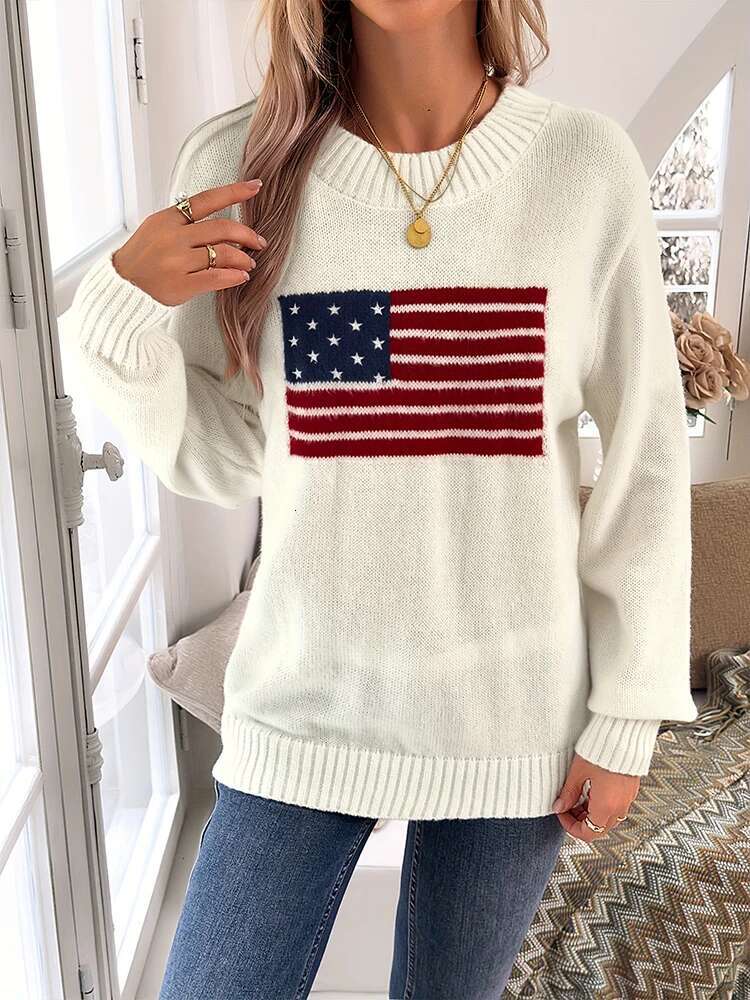 Plus Size Autumn And Winter New National Flag Pattern Women's Comfortable Loose Casual Sweater