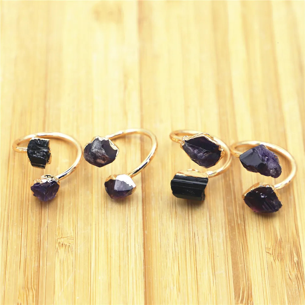 Natural Stone Black Tourmaline Amethyst Ring Slice Handmade Electroplated Goldtone Plated Free Form From Brazil Style 4PCS 250106