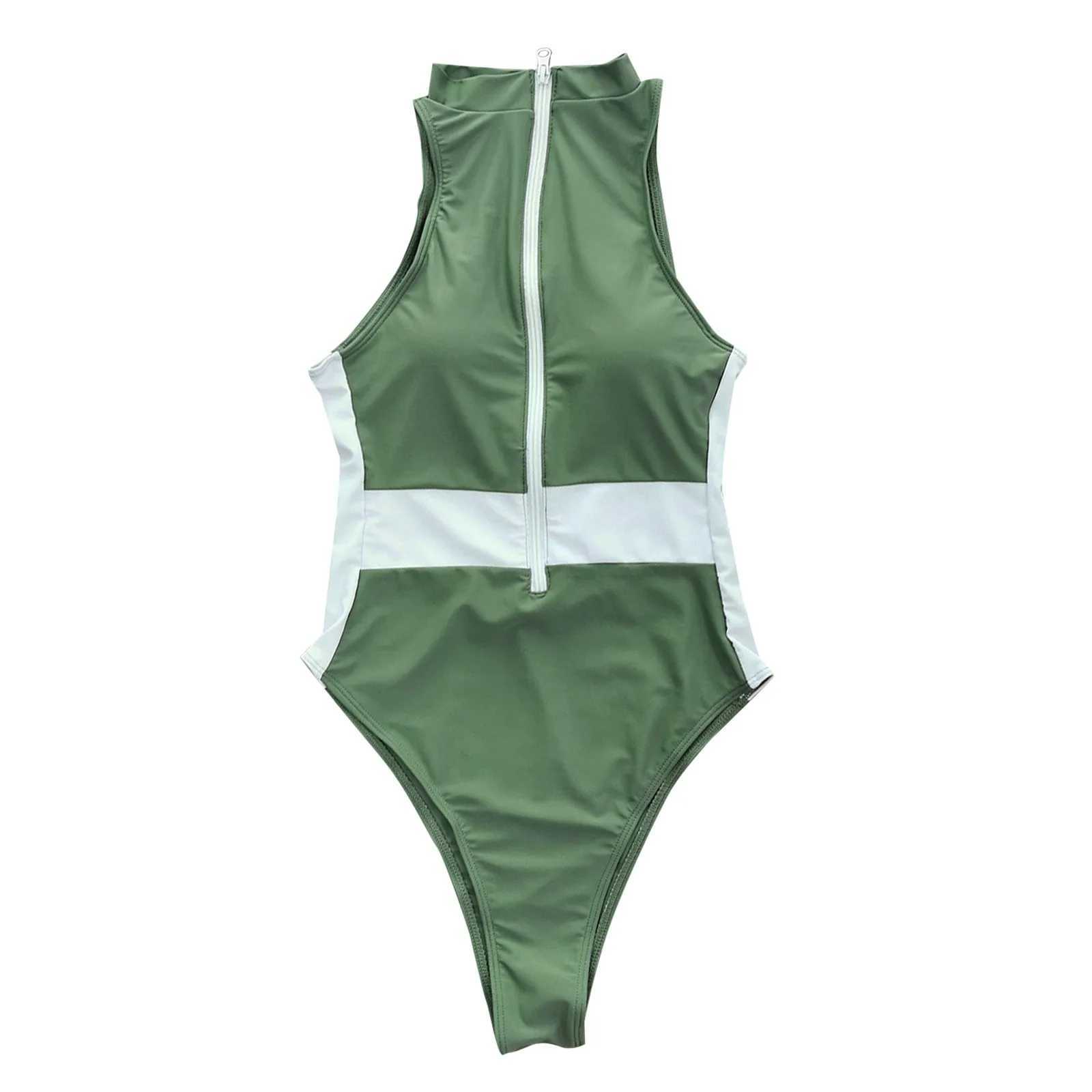 New WomenS One Piec Swimsuit Solid Bikini Sev Swimsuit Zipper Round Neck Surfing Diving One Piece Swimwear XJ240108