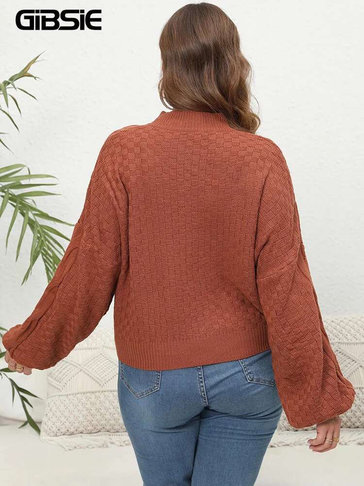 GIBSIE Plus Size Womens Short Sweaters Autumn Winter 2023 Causal Mock Neck Lantern Long Sleeve Pullover Knitted Sweater Tops