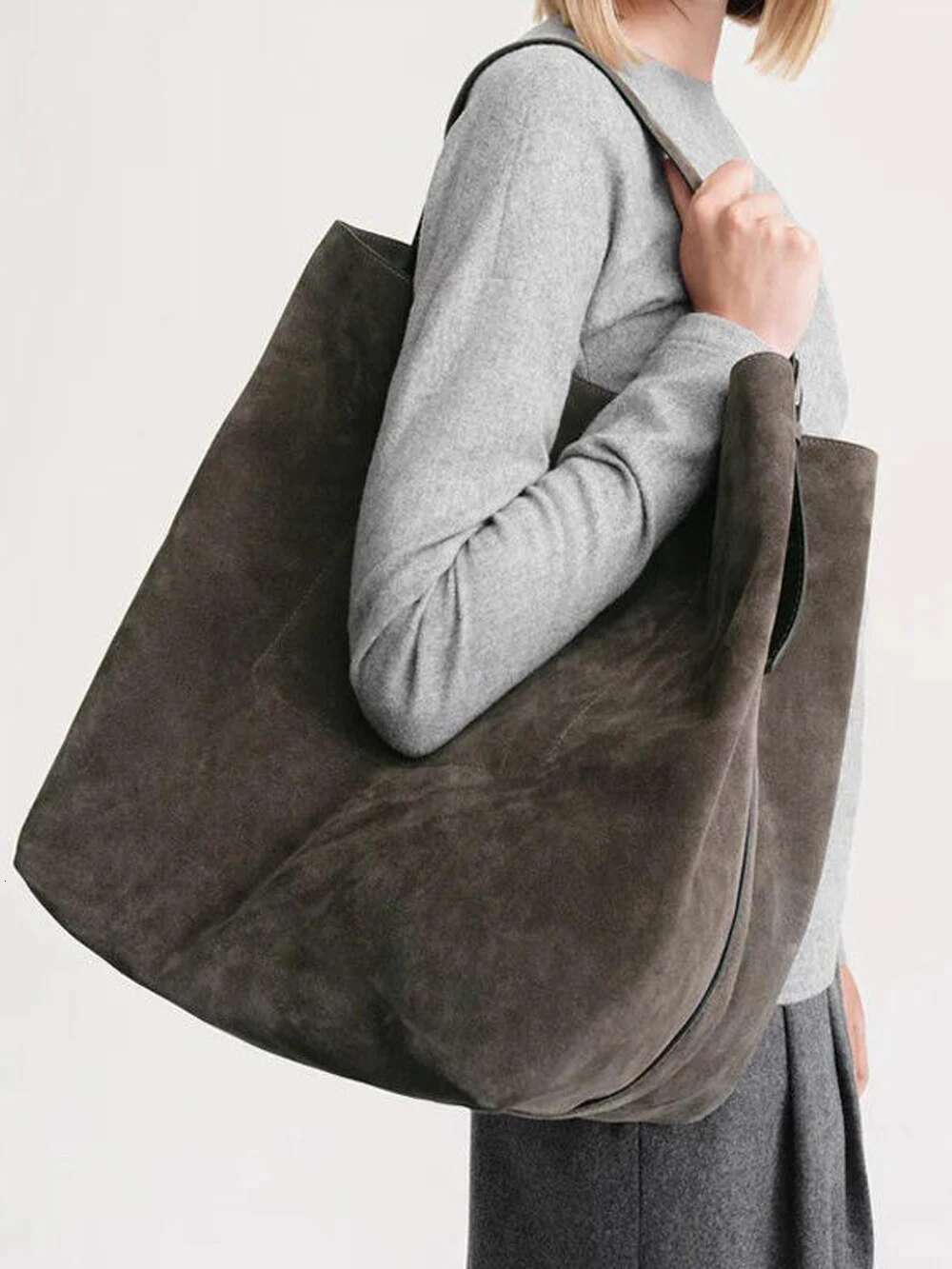2024 Large Capacity Handbag Urious Frosted Suede Women's Shoulder Bag Commuting Tote Cowhide Bucket Pouch