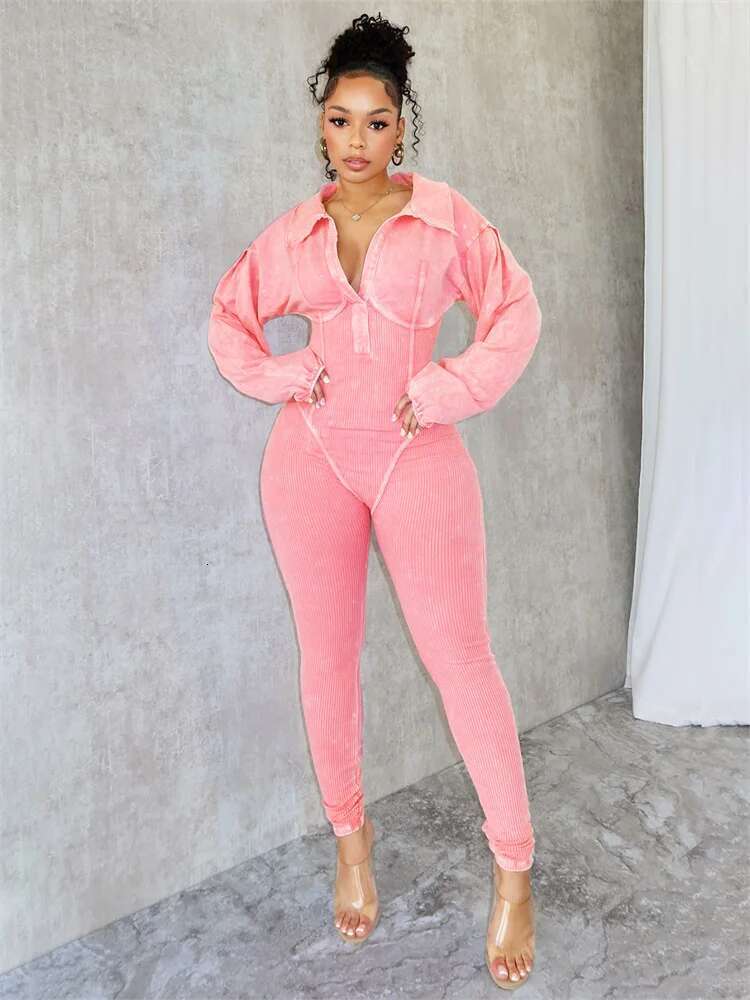 Weird Puss Washed Distressed Jumpsuit Women Ribbed V-Neck Solid Skinny Long Sleeve Fall Casual Trend Simple Activity Streetwear