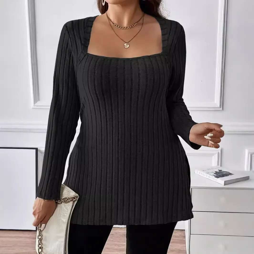 New Plus Size 1Xl-5Xl Women's Fashion Autumn And Winter Solid Color Sweater Ladies Square Neck Long Sleeved Casual Top