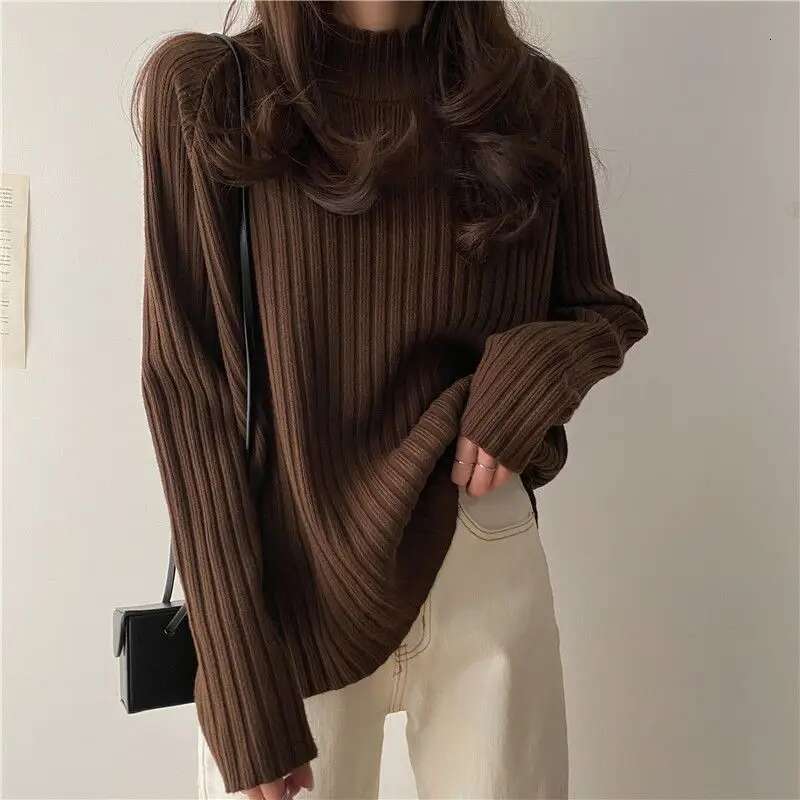 Half Turtleneck Sweater For Women Autumn Winter Korean Style Loose Bottoming Shirt Thickened Versatile Black Long-Sleeved Top