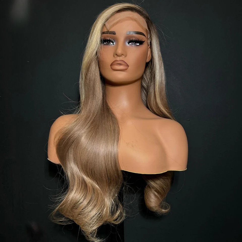 180density Ash Blonde Highlight Body Wave Wigs for Women Yellow Brown 13x4 Human Hair Frontal Glueless Lace Front Wig Synthetic Preplucked