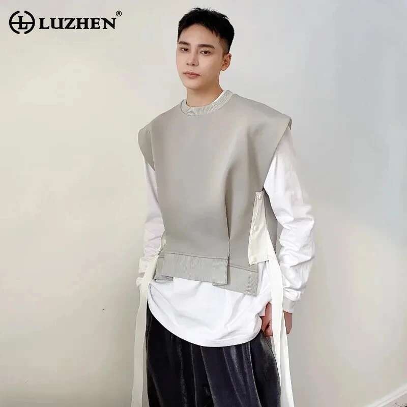 Pleated Ribbon Patchwork Design Fashion New Sleeveless Vests Original Personality Trendy Men High Street Waistcoat