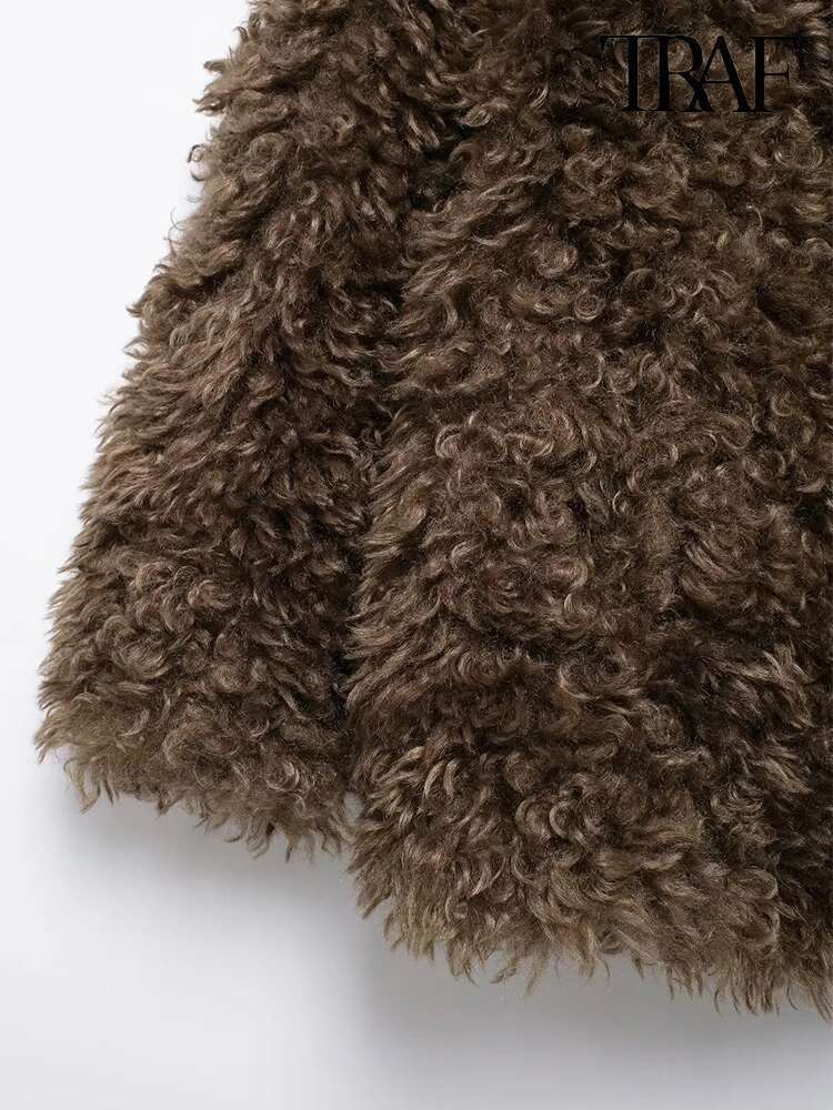 TRAF Women's Fashion 2024 Fall Winter Europe And The United States Retro Style Brown Faux Fur Effect Long-Sleeved Lapel Coat