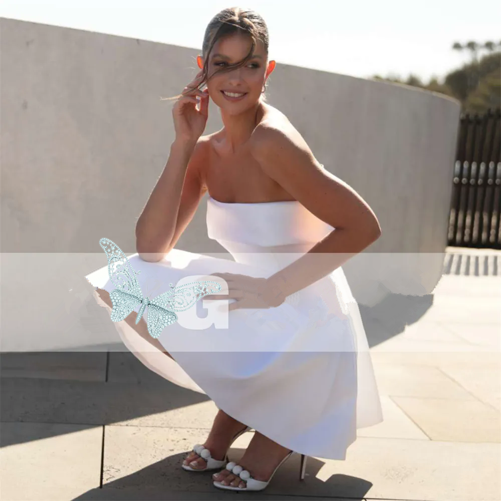 Elegant Short Wedding Dress Women 2024 Strapless Pleat Sleeveless Open Back Satin Simple Bridal Gown Above Knee Vestido De Noiva