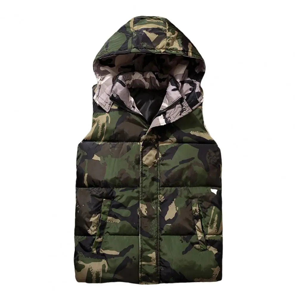 Winter Men Waistcoat Camouflage Thickened Cotton Padded Windproof Zipper Hooded Vest Coat for Daily Wear 250107