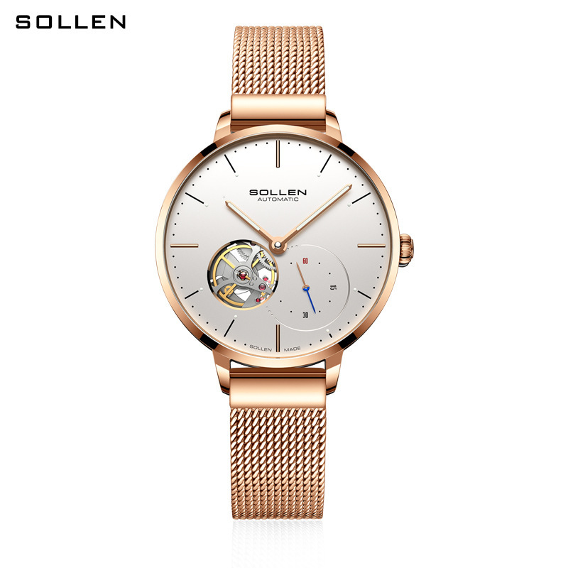 SOLLEN Ladies' Fashionable Skeleton Dial Automatic Mechanical Watch with Nylon Strap