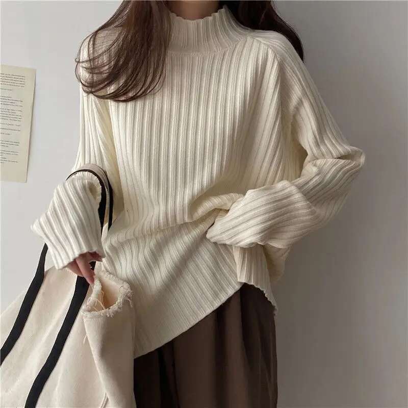 Half Turtleneck Sweater For Women Autumn Winter Korean Style Loose Bottoming Shirt Thickened Versatile Black Long-Sleeved Top