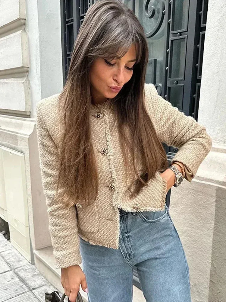 Fashion Tweed Cropped Jacket For Women Spring Elegant Single Breasted Pocket Coat Female Long Sleeve Round Collar Outerwear 250109