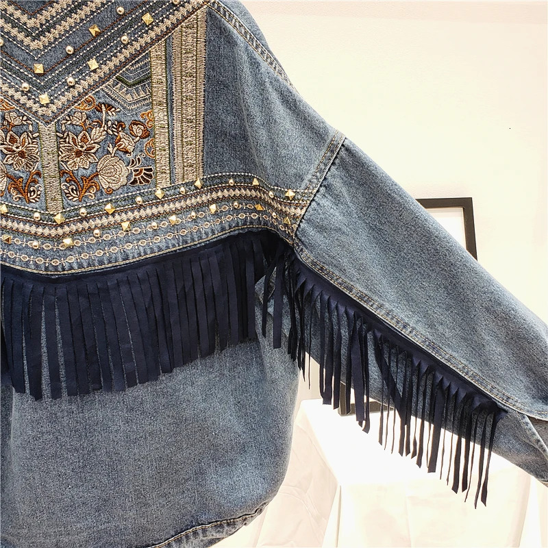 Denim Jacket Korean Floral y Suede Fringe Loose Chaquetas Mujer Coat Long Sleeve Outerwear Women Veste Femme 250109