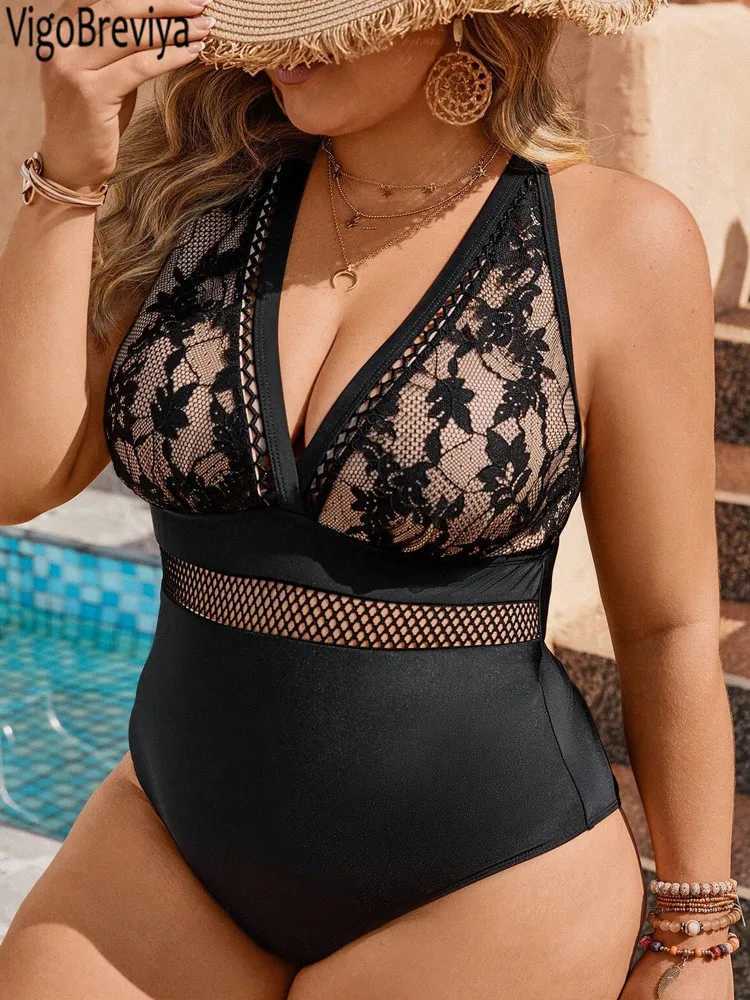 VigoJany 2025 Solid Hollow Plus Size Swimwear Women Lace Push Up Chubby Curvy One Piece Swimsuit Lady Large Big Bathing SuitXJ240108