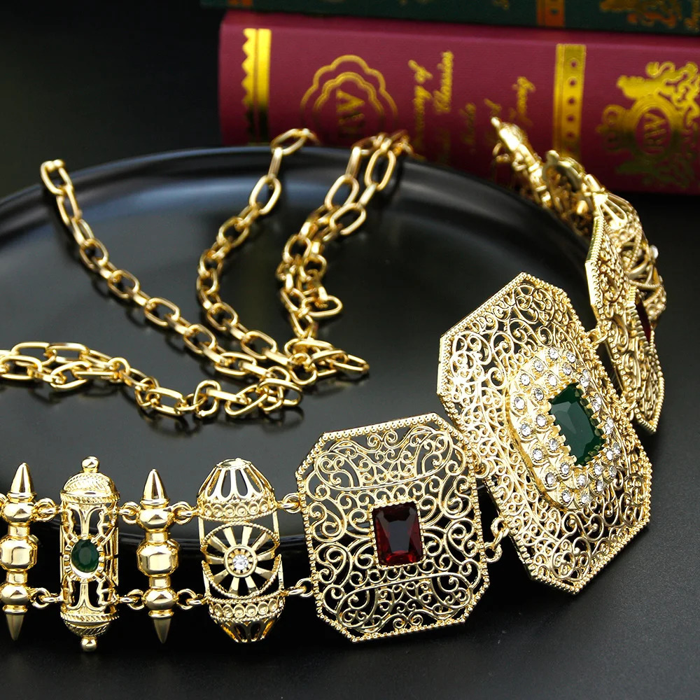 Sunspicems Gold Color Metal Morocco Waist Chain Belt For Women Caftan Square Belt Crystal Bride Wedding Jewelry Arab Body Chain 250107