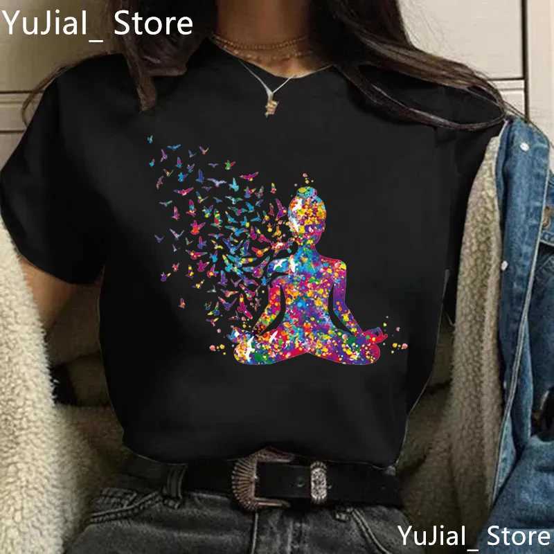 Watercolor Breathing Chakra Symbol Yoga Printed T-shirt Female Bird Om Aum Jade Buddha Meditation Tie Model T-shirt Womens T-shirt Top M250108