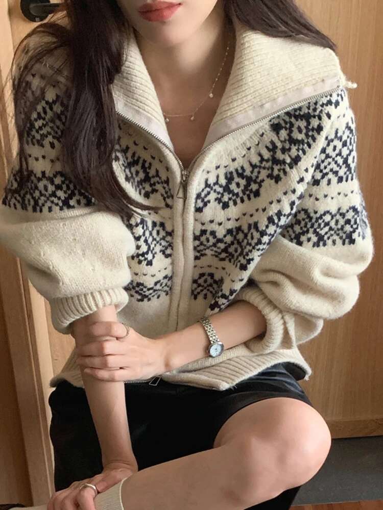 Vintage Womens Cardigans Casual Long Sleeve Chunky Fall Winter Button Down Fair Isle Cardigan Sweaters Zipper Knit Tops