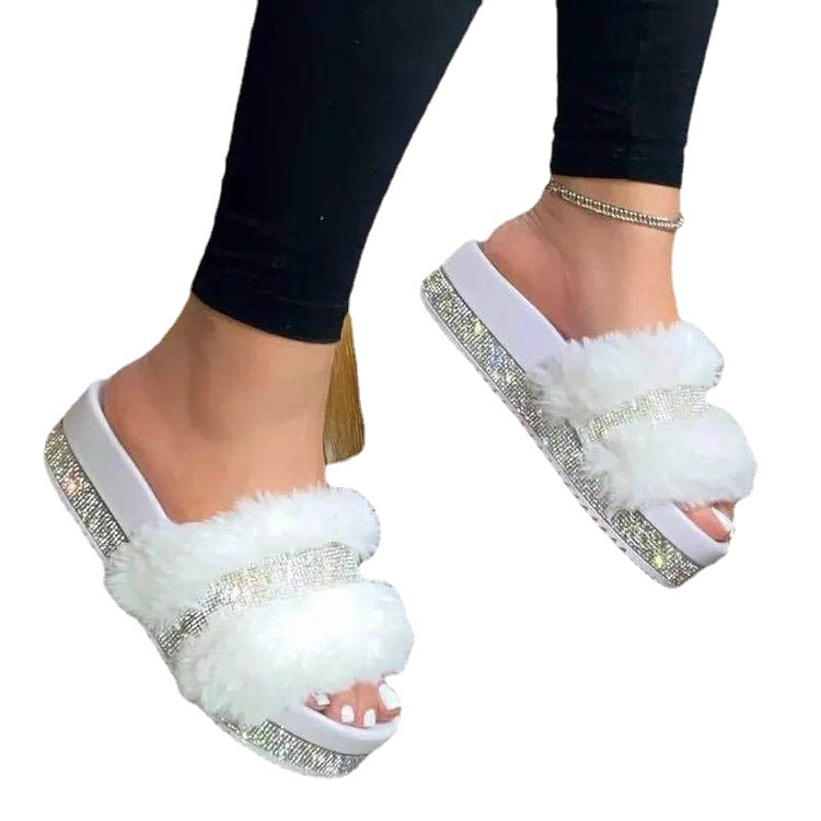 Winter Designer Fur Rhinestone Slippers Luxury Fur Slippers Platform Wedges 2025 Fluffy Slides for Women Sexy Casual Ladies Outside Shoes 36-43