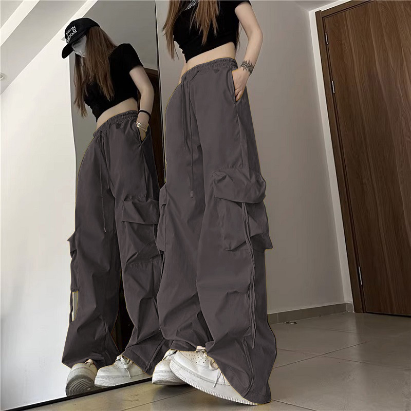 American vintage niche workwear pants for women, featuring 3D pockets, high-waisted, straight-leg, wide-leg, with decorative straps and loose, casual,