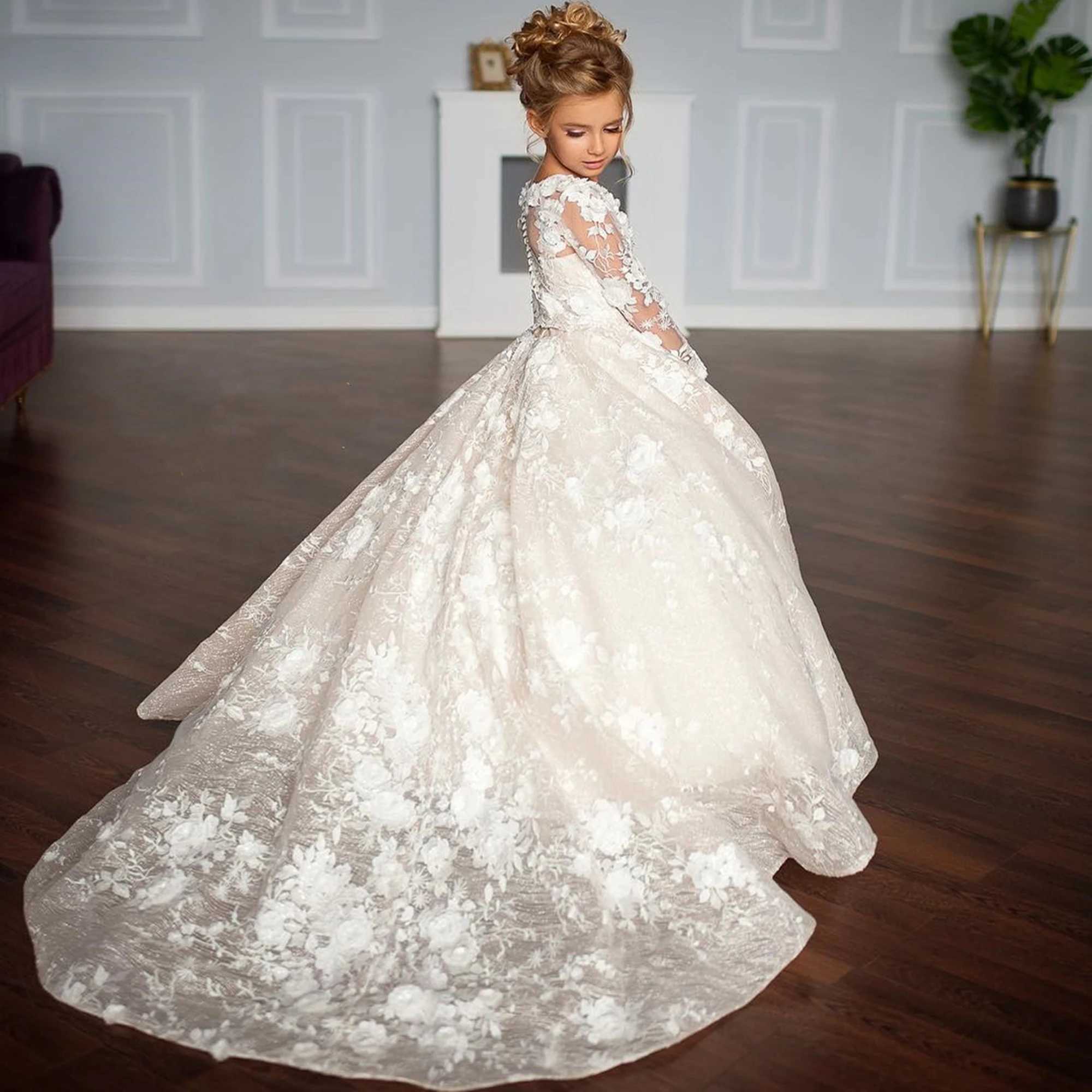 Flower Girl Dress White Tulle Lace Applique Elegant Wedding Litter Flower Child Birthday Celebration Eucharist Par DressXJ250108