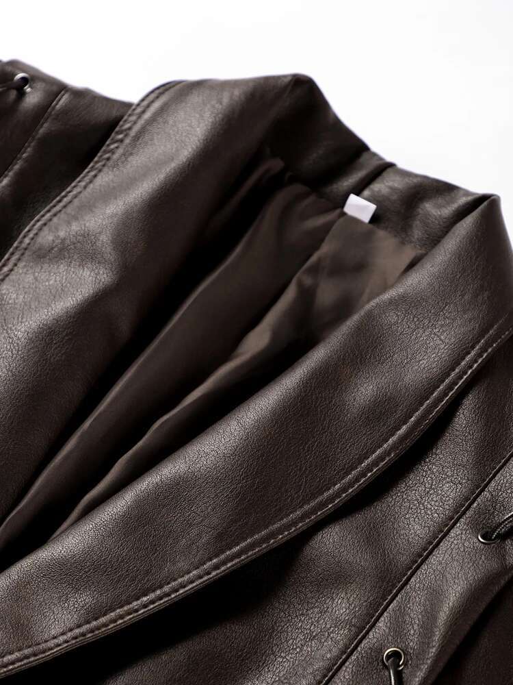 Faux Leather Brown Women Jackets Belt Lace Up Lapel Female Coat Vintage Casual Autumn One Button Long Sleeve Lady Outwear