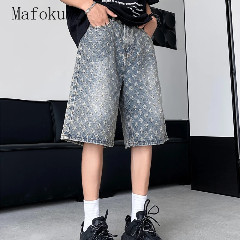 Spring Summer Retro Niche Jacquard Ripped Denim Shorts Mens High Street Handsome Loose Casual Straight Fivepoint Pants 250107