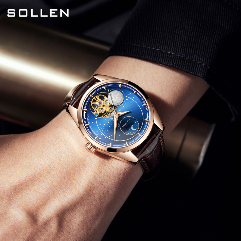 Men's Star Moon Design Mechanical Watch with Leather Strap