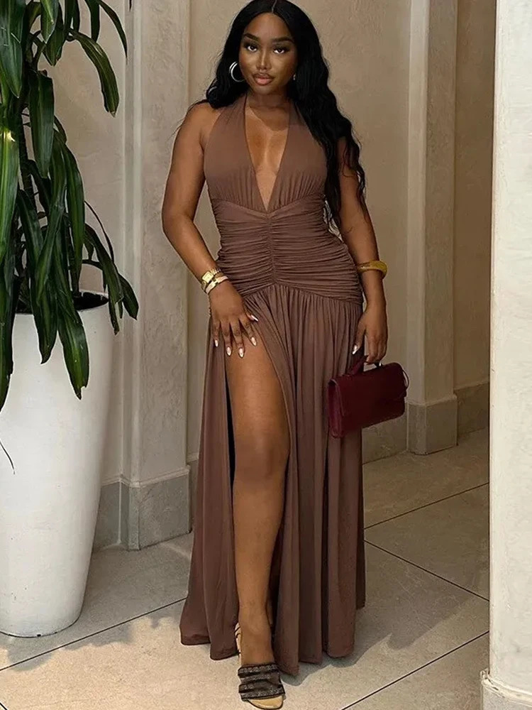 Elegant Halter Plunging V-Neck, Ruffle Detail, Backless Design - Summer Party Dress C260312