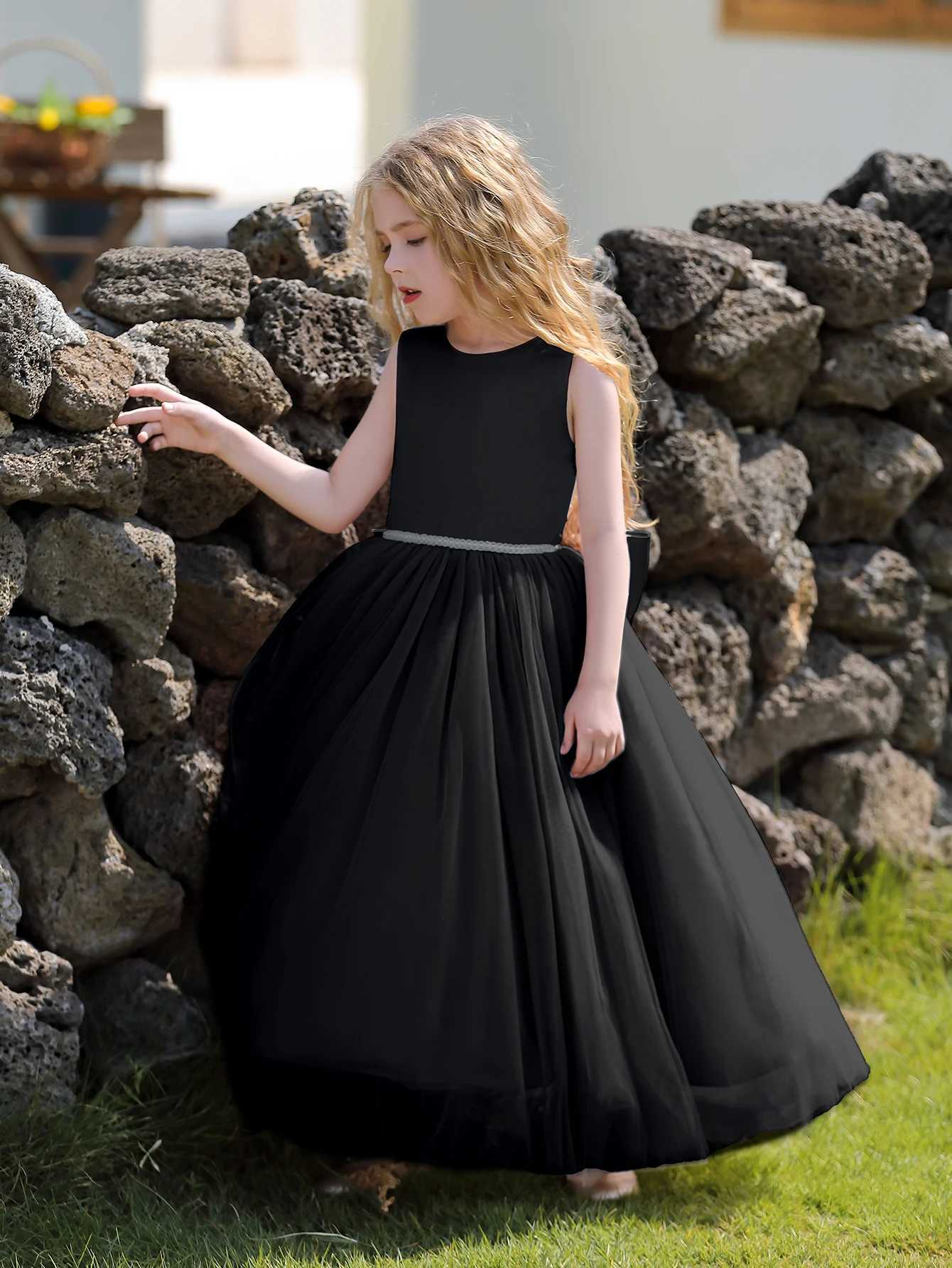 Luxury Satin Flower Girl Dress with Big Bow Sleeveless Fancy Formal Birthday Tulle Par Long Black DressesXJ250108