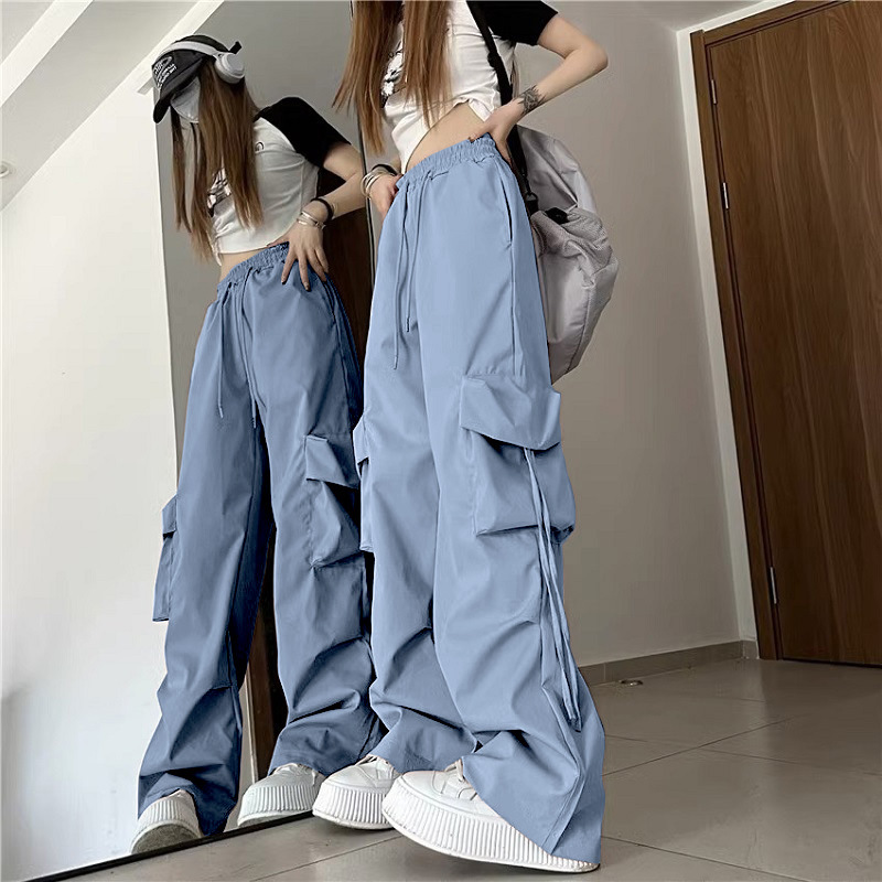 American vintage niche workwear pants for women, featuring 3D pockets, high-waisted, straight-leg, wide-leg, with decorative straps and loose, casual,
