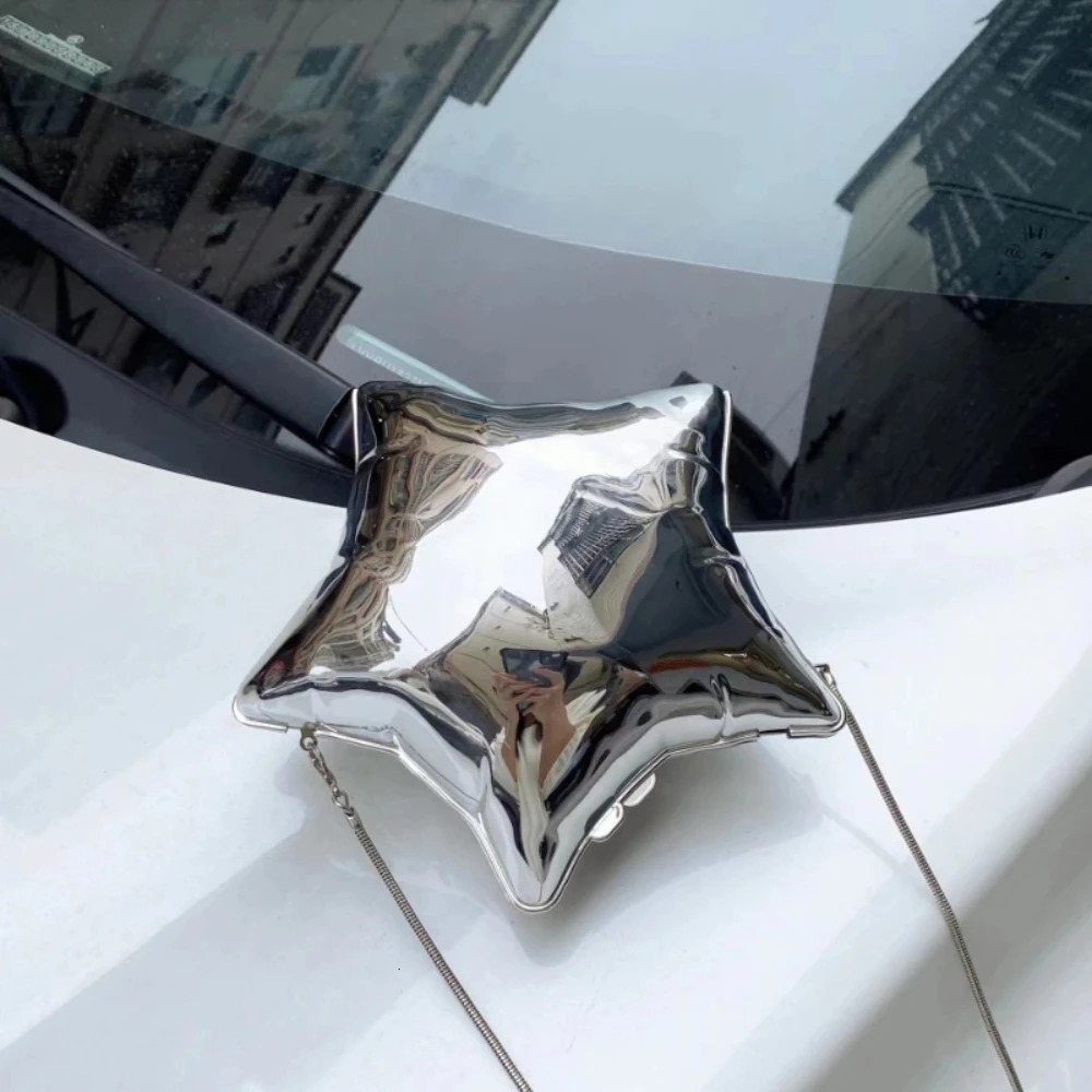 1Pc Nice Gold And Silver Chain Womens Evening Bags 2024 Bright Face Five Pointed Star Shoulder Bag Funny Party Bag 250106