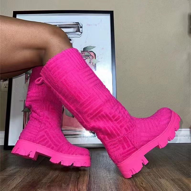Luxury Brand 2025 New Women Thick-soled Thick-heeled Warm Boots Women Towel Cotton Boots Motorcycle Boots 36-43 Boots Women Candy Color