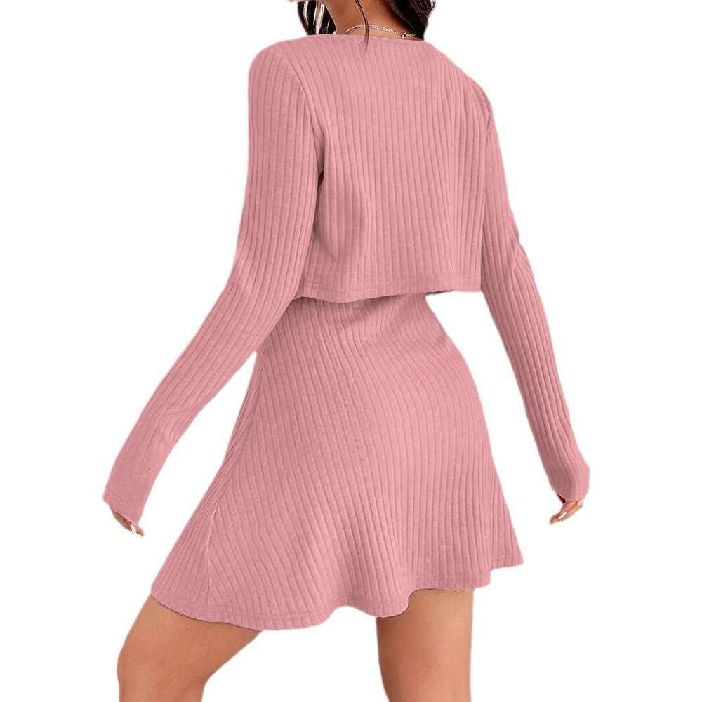 Autumn New For Foreign Trade, Two Piece Set, Premium Pink Knitted Cardigan, Women's Casual Set