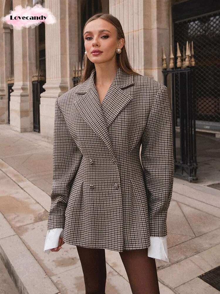 Chic Elegant Waist Up Plaid Printed Blazer Jacket Lapel Collar Double Breasted Slim Coat 2025 Commuting Females High Streetwear