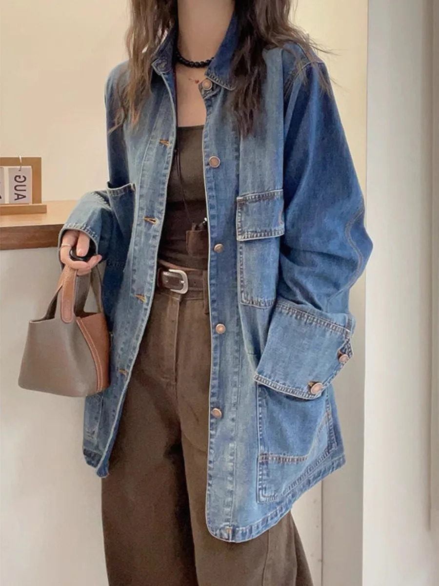 Multiple Pocket Cargo Denim Jacket for Women Spring Autumn Chic Long Sleeve Casual Loose Versatile Jean Coat Outerwear 250109