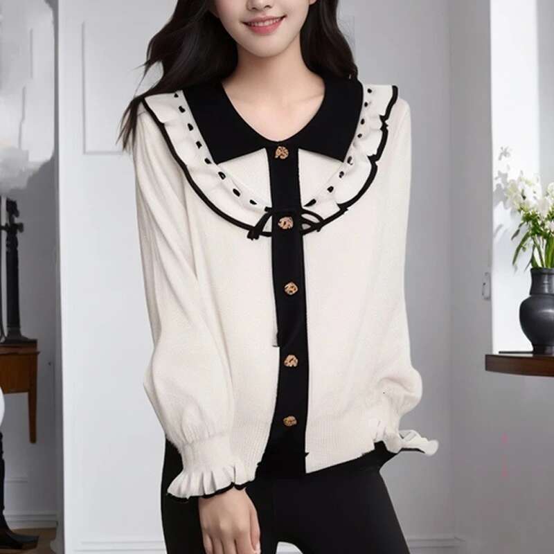 Women's Ruffled Long Sleeve Knitted Sweater Single Breasted Lapel Bowknot Tops