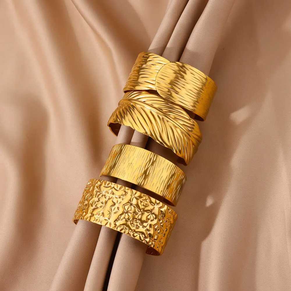Stainl Steel Wide Bangles for Women Luxury Gold Color Open Chunky Cuff Bangle Bracelet femme Vintage Wedding Jewelry GiftXJ250109
