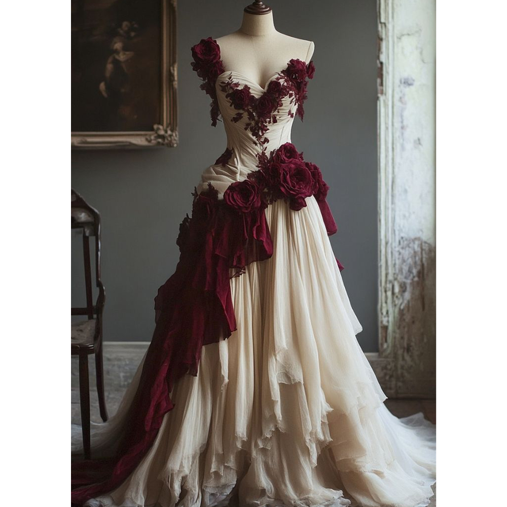 Vintage One Shoulder Evening Dresses 3D Floral Appliques Sweetheart Champagne And Burgundy Long Prom Dress 2025 Elegant Reception Dress